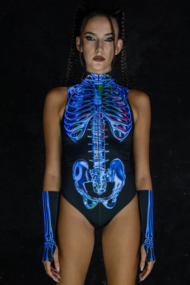 Blue Sapphire Skeleton Sleeveless Bodysuit Close View