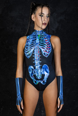 Rave Outfit Blue Sapphire Skeleton Sleeveless Bodysuit