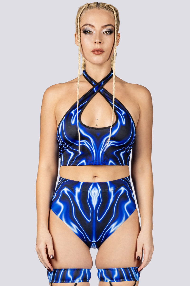 Blue Voltage Booty Shorts Set Close Front View