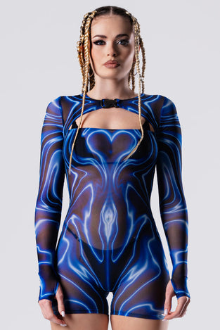 Rave Outfit Blue Voltage Long Sleeve Romper Close Front View