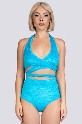 Blue Whisper Velvet Halter Wrap Top - Stripper Outfit