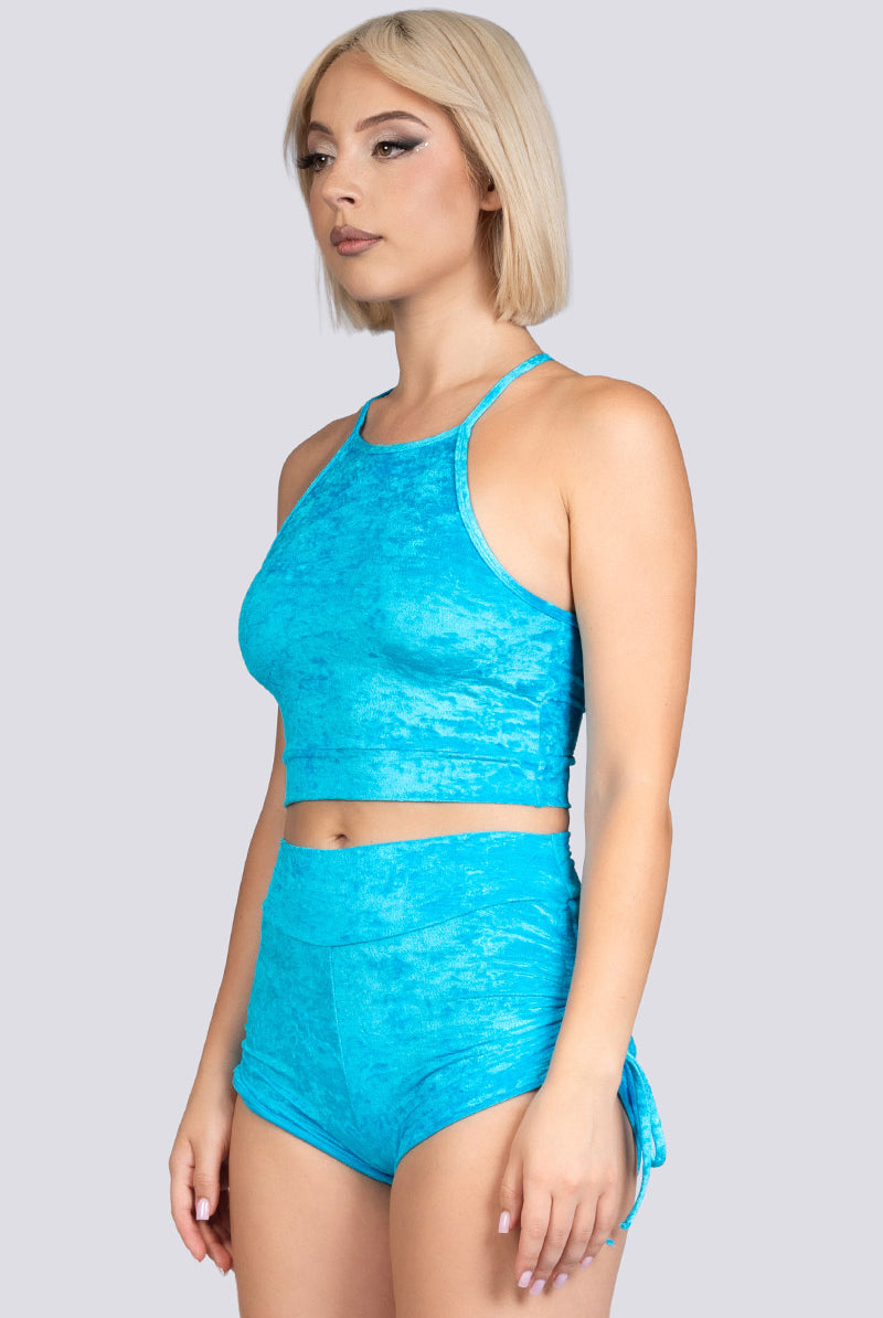 Blue Whisper Velvet High Waisted Tie Side Shorts Stripper Outfit