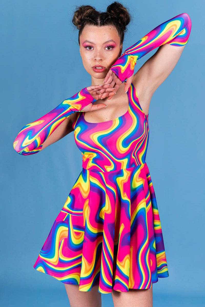 rave skater dress Sleeveless Rave Skater Dress: Psychedelic Skeleton, Pastel Goth Festival