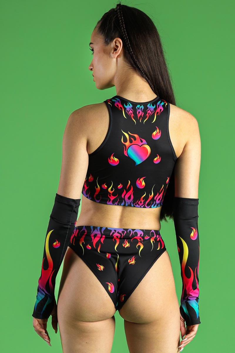 Burning Desire High Cut Booty Shorts with Rainbow Flames
