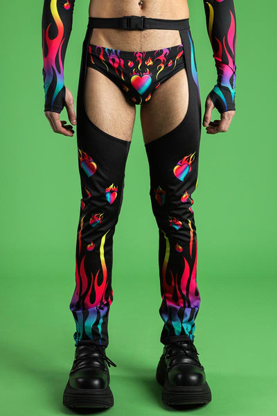 Black Burning Desire Men's Chap Pants with Rainbow Flames | DevilWalking Black Burning Desire Men's Chap Pants with Rainbow Flames | DevilWalking