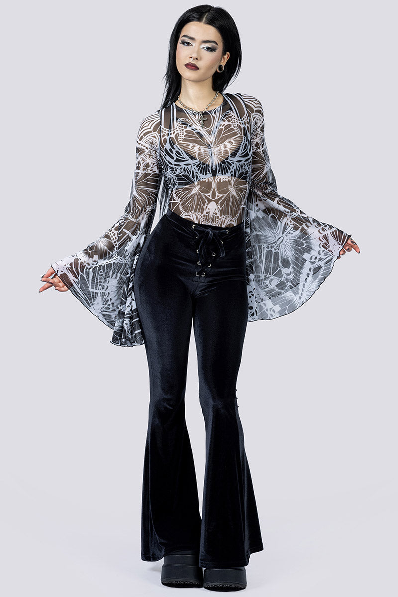 Butterfly Invasion Sheer Bell Sleeve Bodysuit Pants Full Body Gothic Clothes
