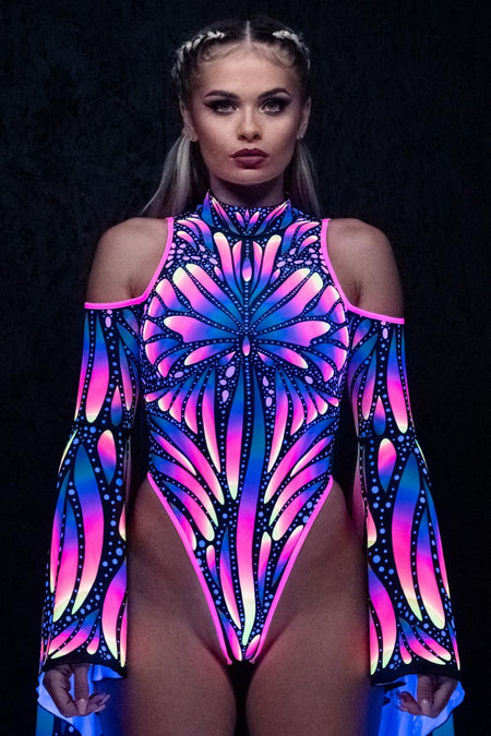 Rave Outfit Butterfly Queen Flare Sleeve Thong Bodysuit Uv Close View