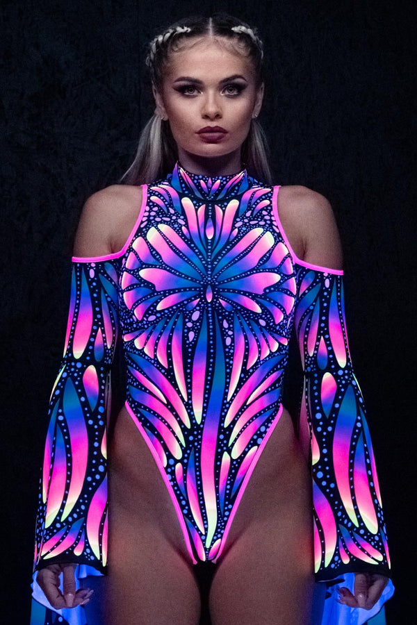 Rave Outfit Butterfly Queen Flare Sleeve Thong Bodysuit Uv Close View