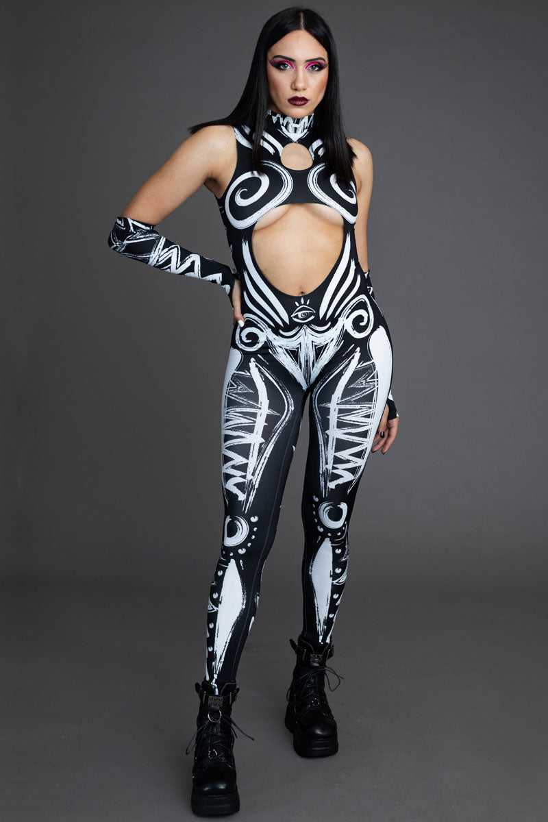 Call of the Tribe Cut Out Rave Catsuit in Black and White