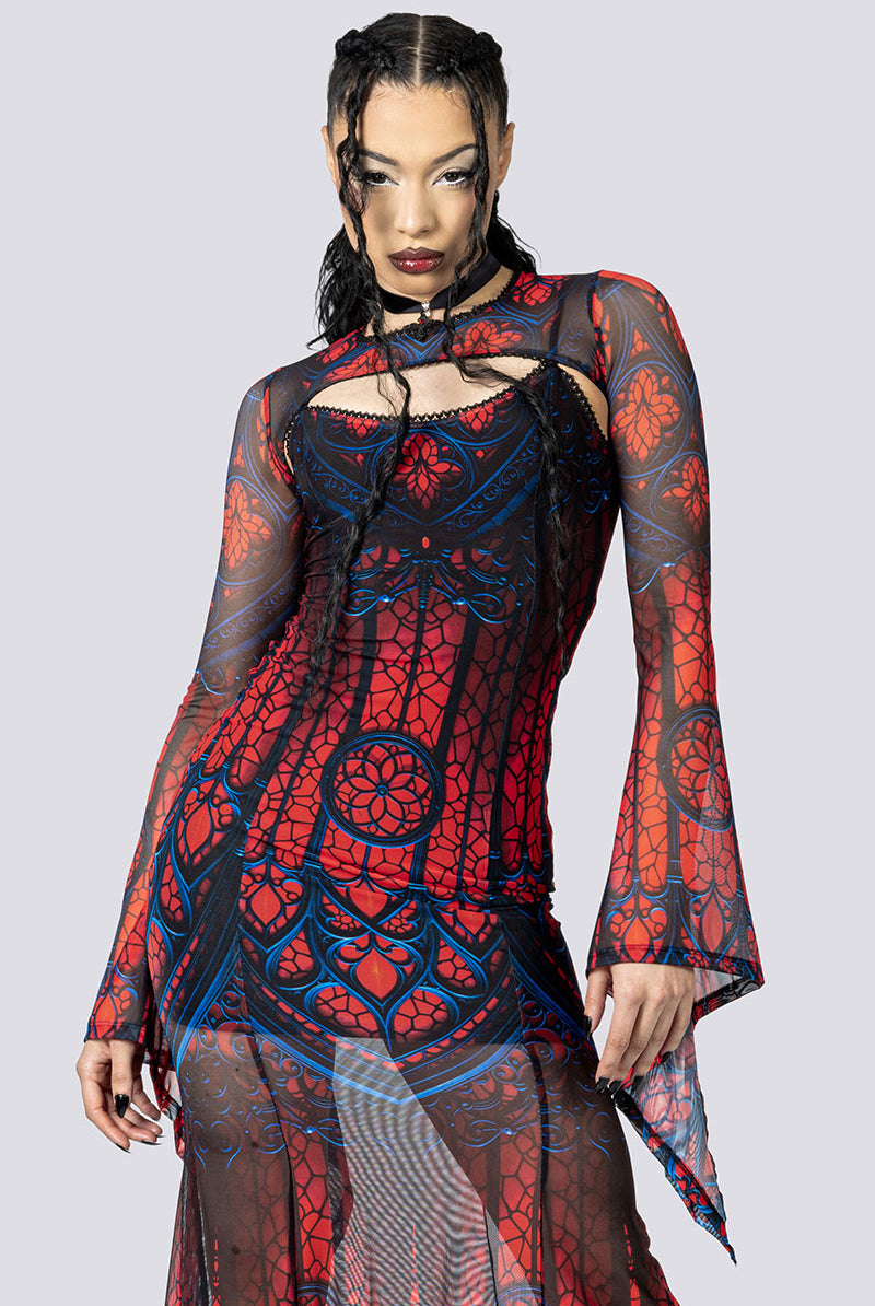 Cathedral of Sin Mesh Maxi Dress – Witchy Clothing in Red & Black, S