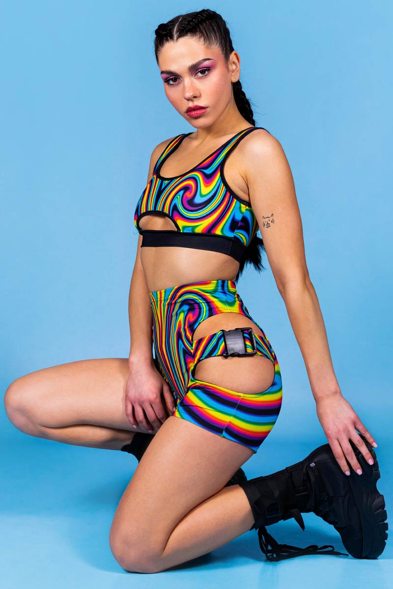 Chroma Rebel Rainbow Cut Out Bra Top for EDM Raves