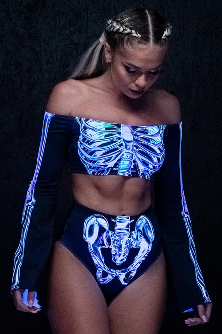 Rave Outfit Chromatic Skeleton Booty Shorts Set Uv Close View