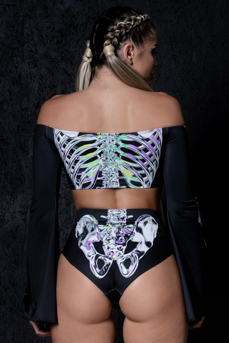 Chromatic Skeleton Off Shoulder Long Sleeve Crop Top Back View