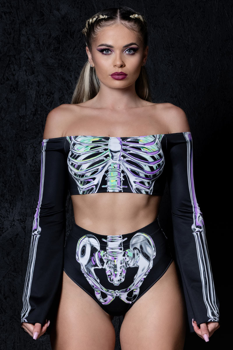 Chromatic Skeleton Off Shoulder Long Sleeve Crop Top Front View