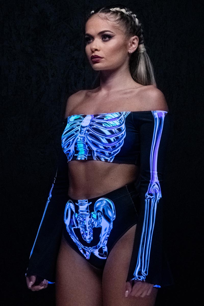 Chromatic Skeleton Off Shoulder Long Sleeve Crop Top UV Side View