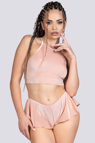 Coffee Cream Halter Crop Top - Beige Velvet Stripper Outfit