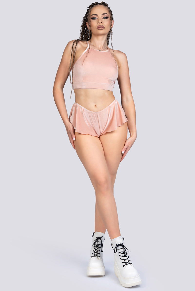 Coffee Cream Halter Crop Top - Beige Velvet Pole Wear