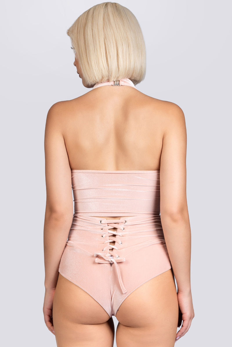 Coffee Cream High Waisted Lace Up Shorts - Beige Velvet Pole Wear