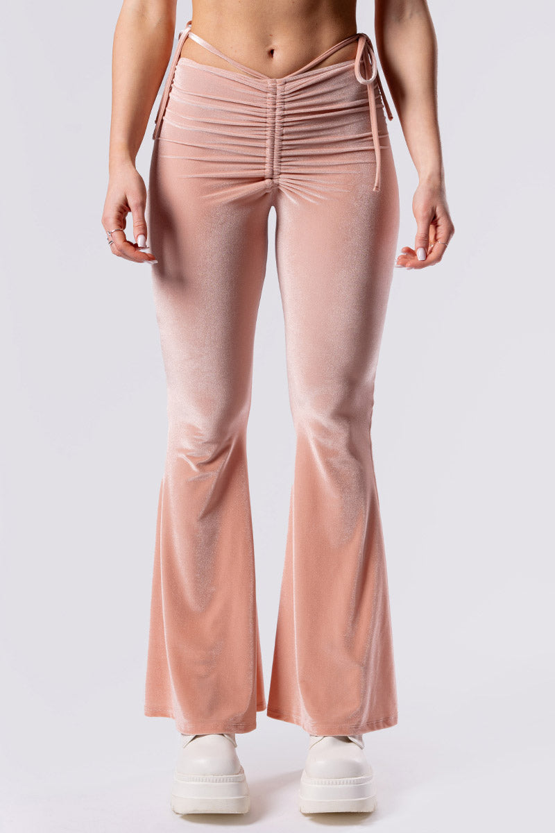 coffee-cream-hip-strap-flare-pants-beige-velvet-close-front-view