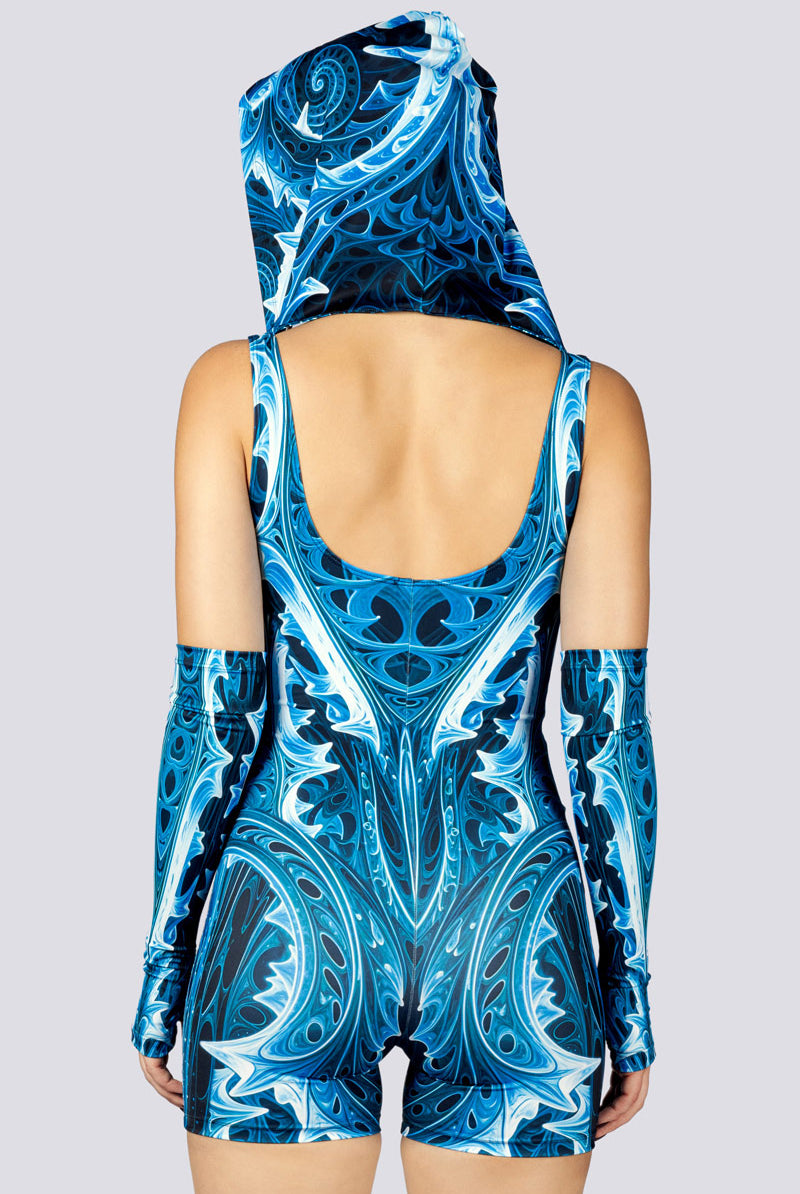 Cold Genesis Hooded Romper Close Back View