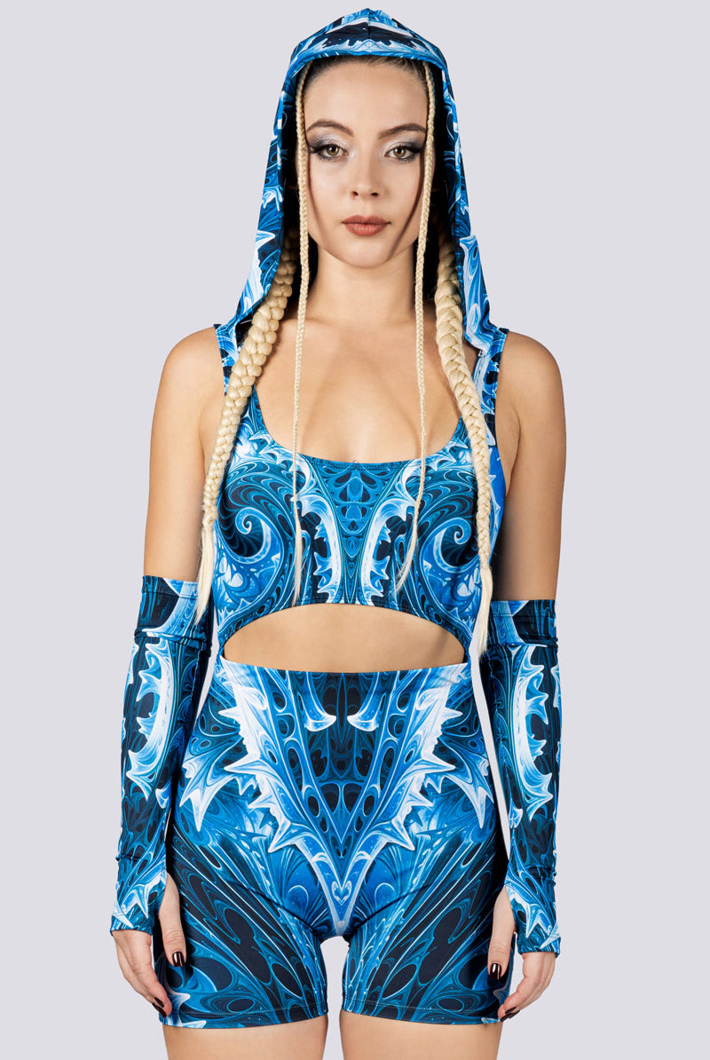 Cold Genesis Hooded Romper Close Front View