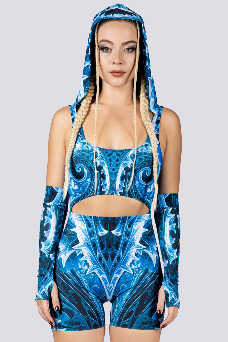 Cold Genesis Hooded Romper Close Front View