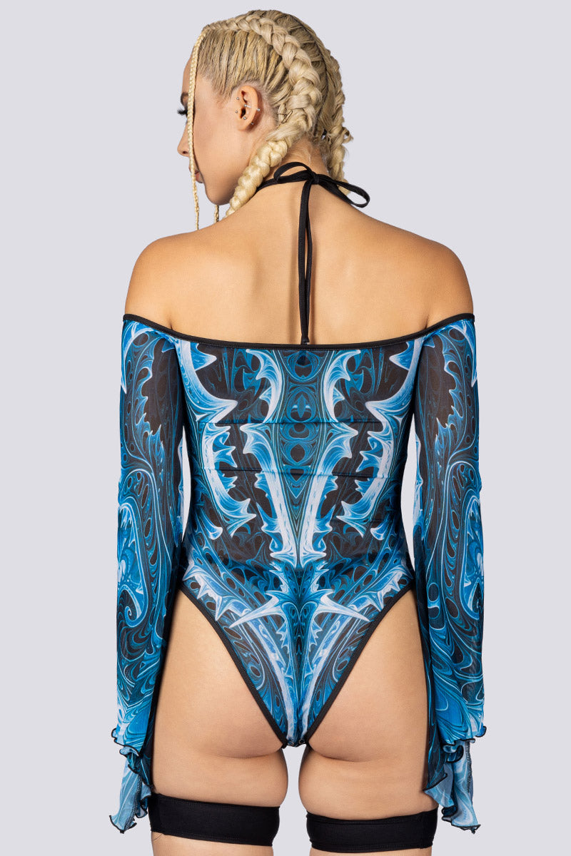 Cold Genesis Sheer Bell Sleeve Bodysuit Close Back View