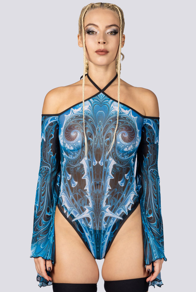 Cold Genesis Sheer Bell Sleeve Bodysuit Close Front View