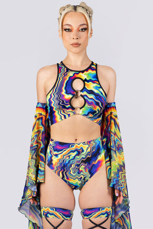 Rave Outfit Color Warp Booty Shorts Set Close View