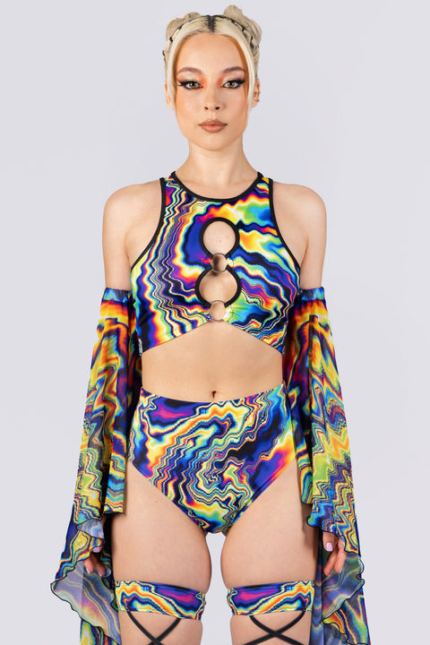 Rave Outfit Color Warp Booty Shorts Set Close View