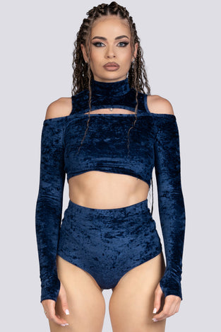 Cosmic Indigo Cold Shoulder Crop Top - Blue Velvet Stripper Outfit