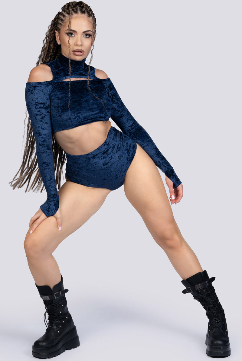 Cosmic Indigo Cold Shoulder Crop Top - Blue Velvet Dancewear