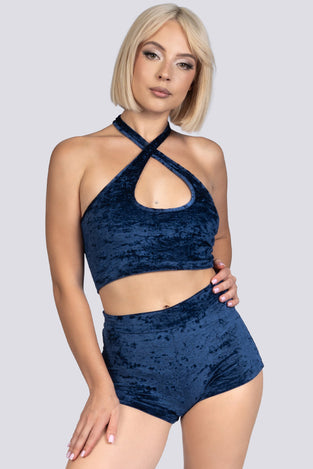 Cosmic Indigo Criss Cross Halter Top - Blue Velvet Stripper Outfit