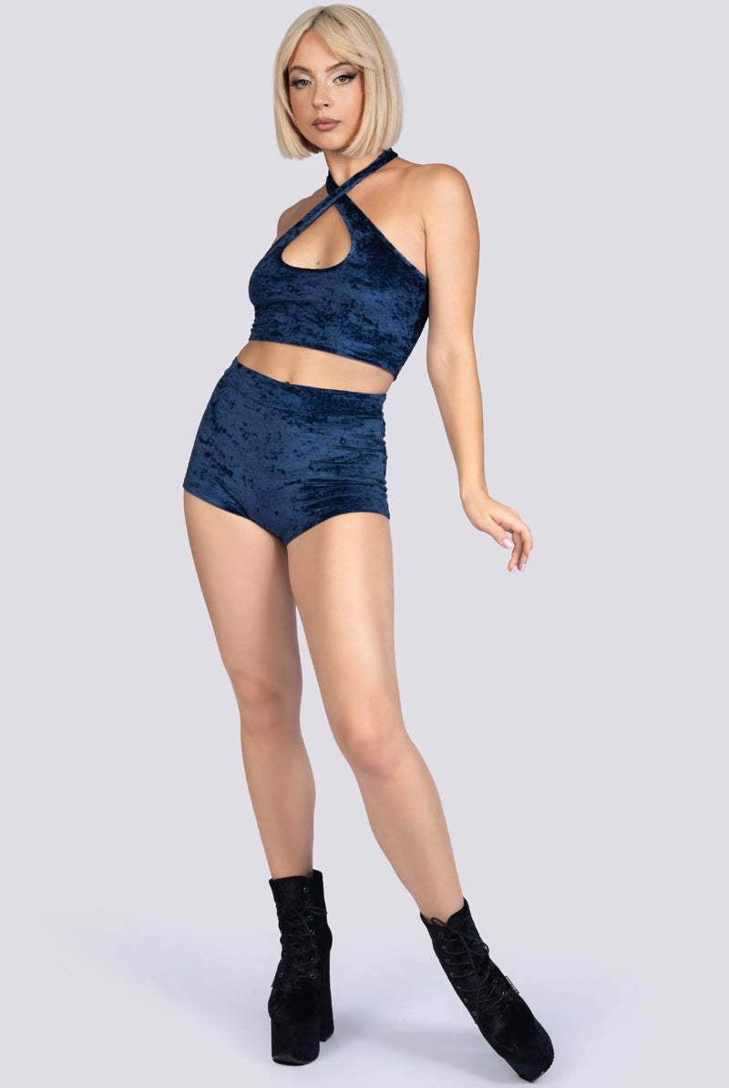 Cosmic Indigo Criss Cross Halter Top - Blue Velvet Pole Wear