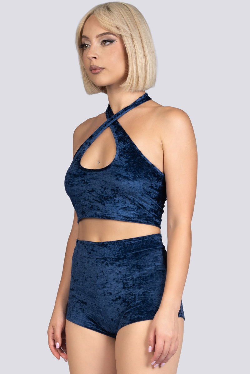 Cosmic Indigo Criss Cross Halter Top - Blue Velvet Stripper Wear