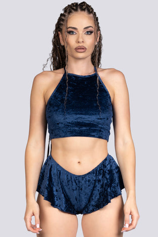 Cosmic Indigo Flare Shorts - Blue Velvet Stripper Outfit
