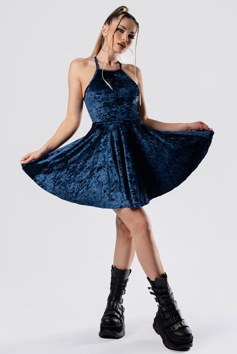 cosmic-indigo-open-back-skater-dress-blue-velvet-front-view