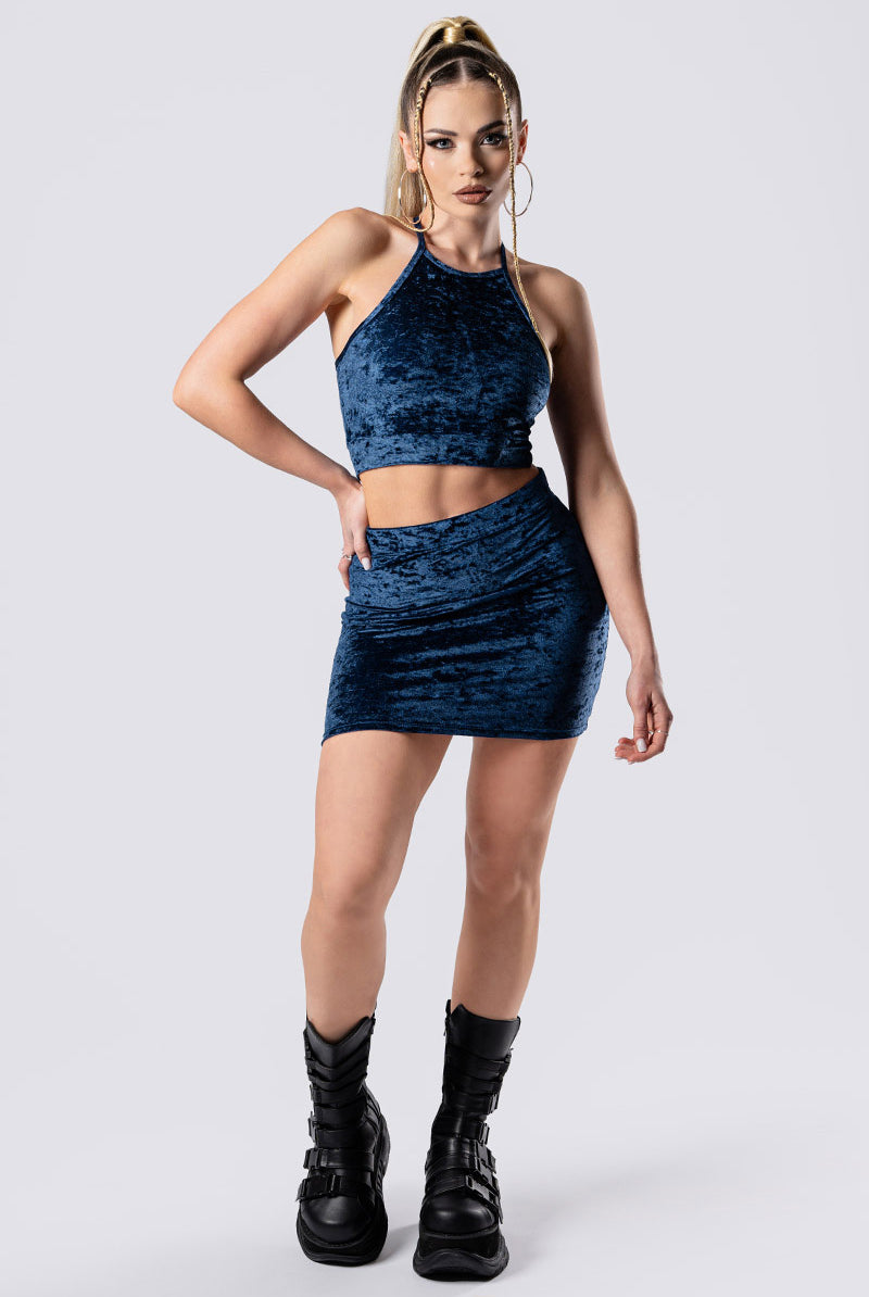 cosmic-indigo-skirt-set-blue-velvet-front-view