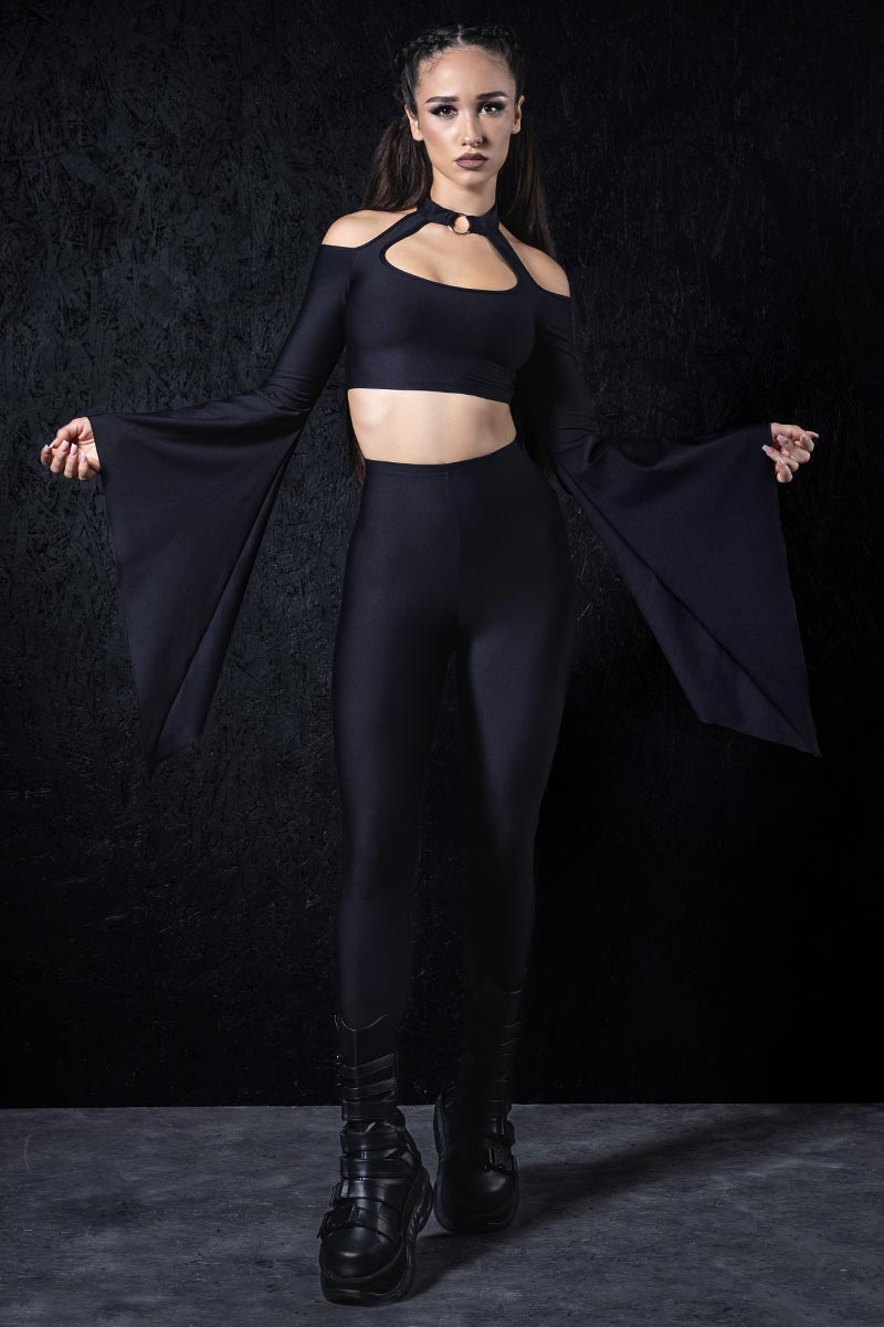 All Black Coven Shadow Leggings Set for Women Devil Walking