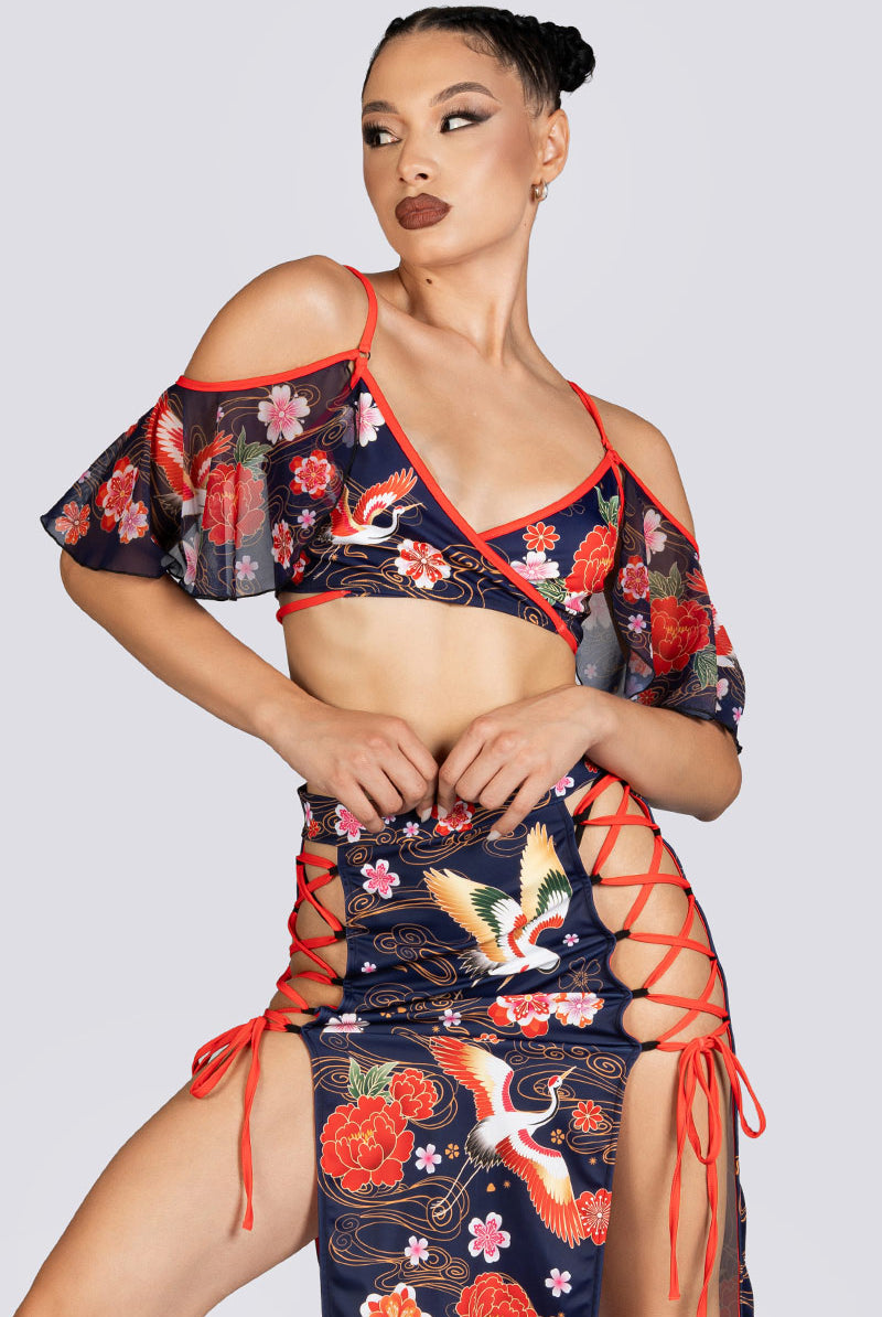 Crane Dance High Slit Maxi Skirt Set Halloween Costume