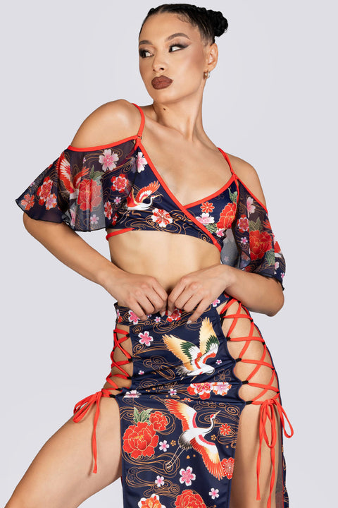 Crane Dance High Slit Maxi Skirt Set Halloween Costume