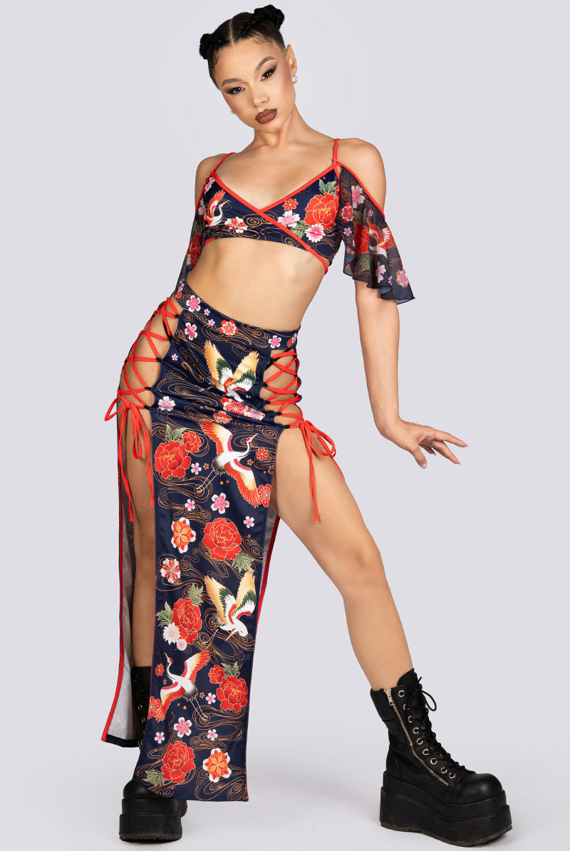 Crane Dance High Slit Maxi Skirt Set Halloween Outfit