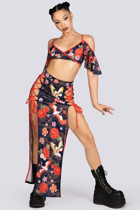 Crane Dance High Slit Maxi Skirt Set Halloween Outfit