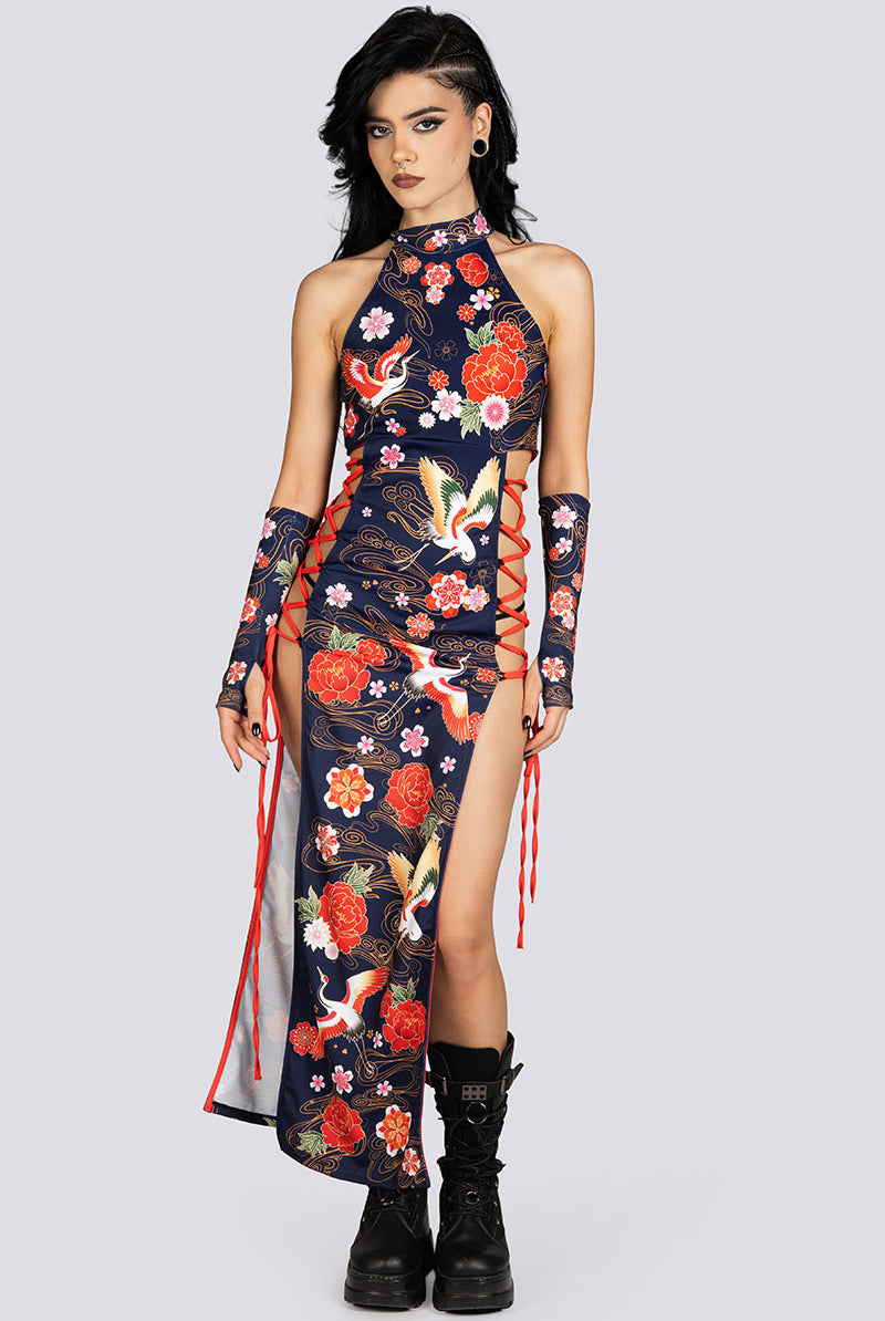 Crane Dance Side Lace Up Maxi Dress Sexy Halloween Costume