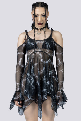 Crawling Centipede Mesh Handkerchief Strappy Dress Close Up Front Goth Clothing