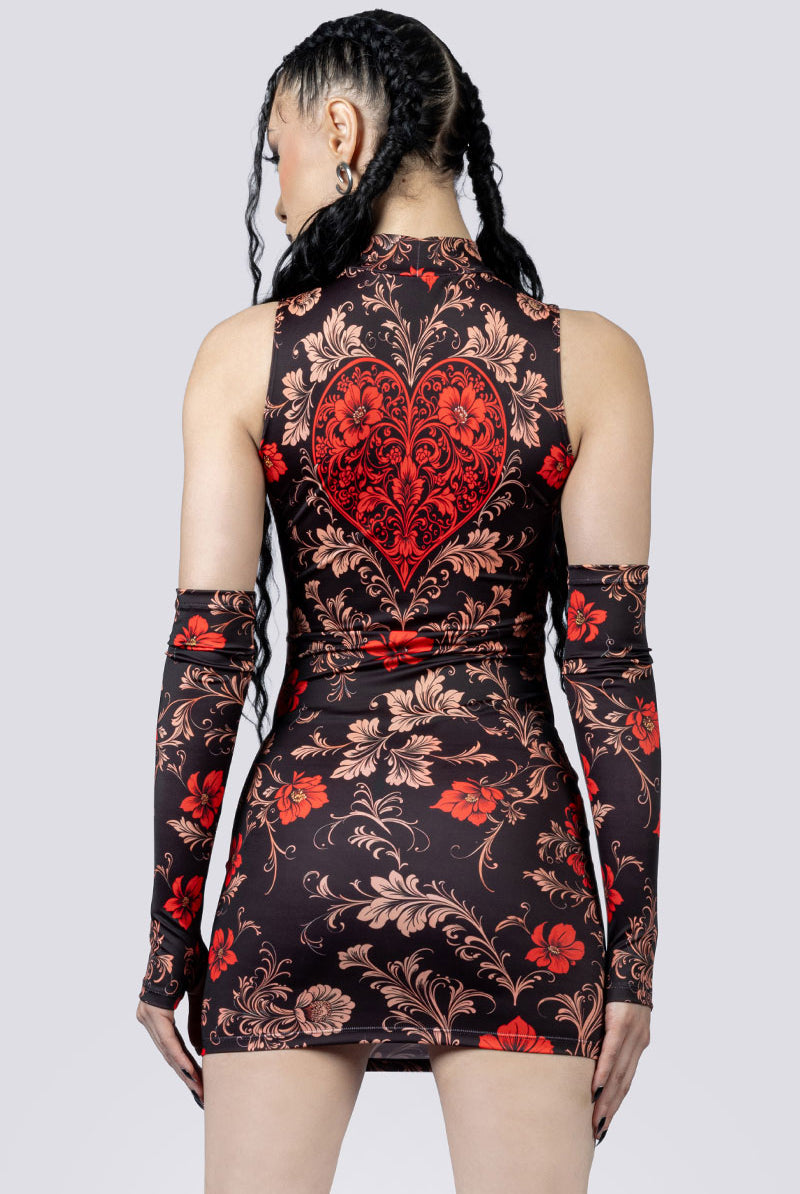 Crimson Gothica Cut Out Mini Dress – Red Flowers Gothic Fashion, S