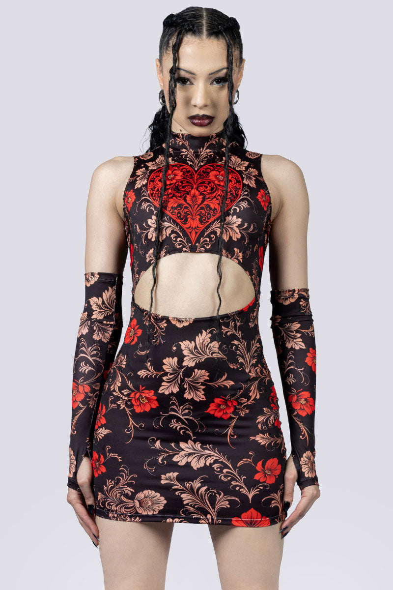 Crimson Gothica Cut Out Mini Dress Close Up Goth Clothing