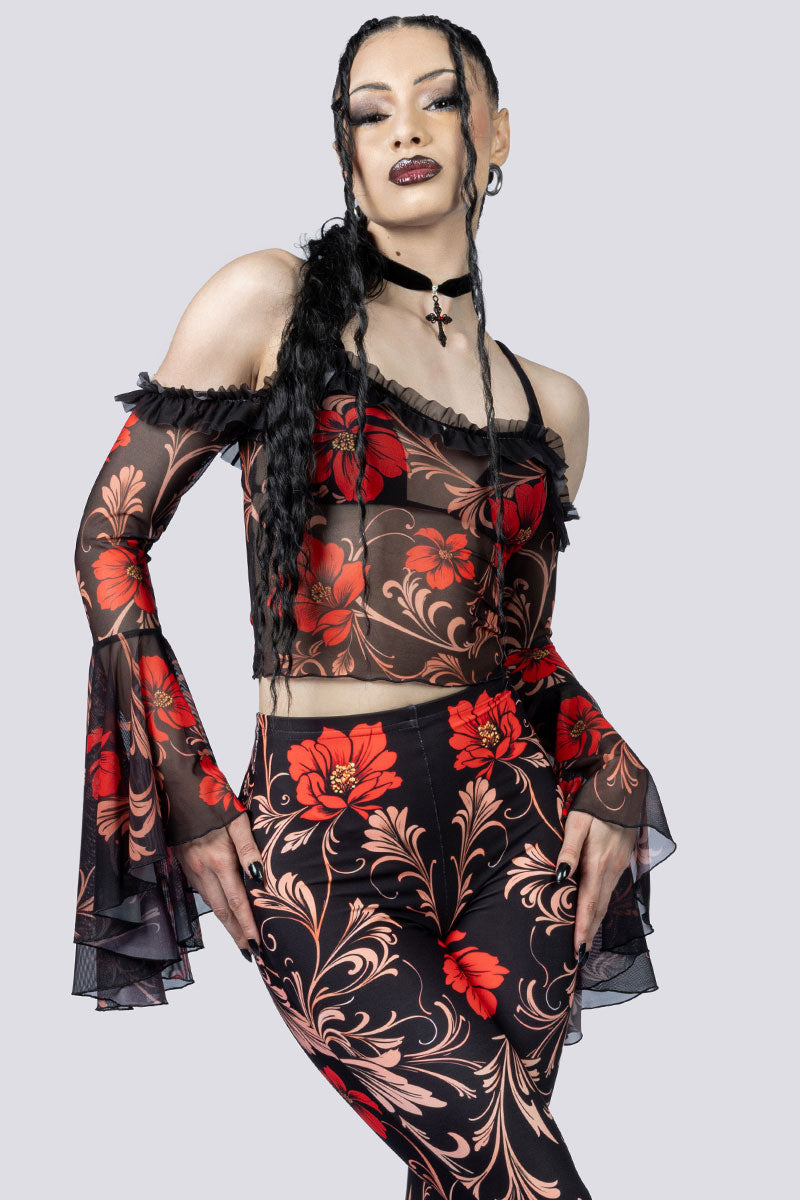 Crimson Gothica Flare Pants Set Close Up Goth Clothing
