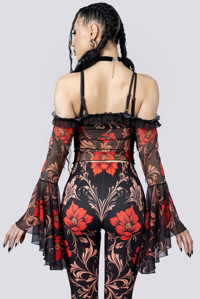 Crimson Gothica Sheer Off Shoulder Top Close Up Back Goth Fashion