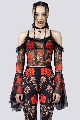 Crimson Gothica Sheer Off Shoulder Top Close Up Goth Clothing